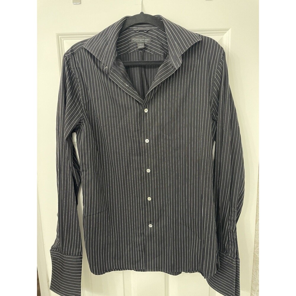Express Design Studio Modern Fit B/W Striped Long Sleeve French Cuff  Shirt M